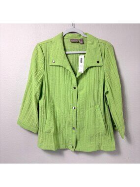 Chicos Crinkled Snap Front Jacket Top Womens 1 US M Green Pockets Linen Blend